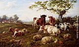 Resting Wall Art - Resting Cattle, Sheep And Deer, A Farm Beyond